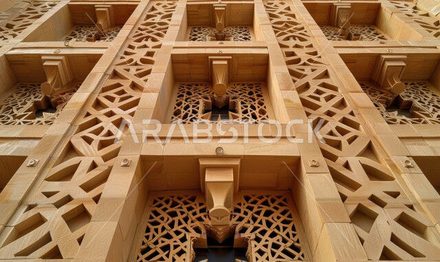 الفنون والتصاميم الهندسية المعمارية على الطراز الاسلامي للنوافذ، ديكورات خارجية فخمة، نوافذ منحوتة بأنماط هندسية معقدة، الأناقة والتراث الثقافي التقليدي في منازل المملكة العربية السعودية
