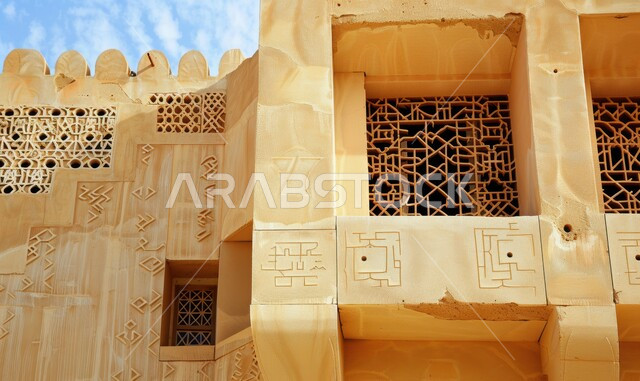 الفنون والتصاميم الهندسية المعمارية على الطراز الاسلامي للنوافذ، ديكورات خارجية فخمة، نوافذ منحوتة بأنماط هندسية معقدة، الأناقة والتراث الثقافي التقليدي في منازل المملكة العربية السعودية