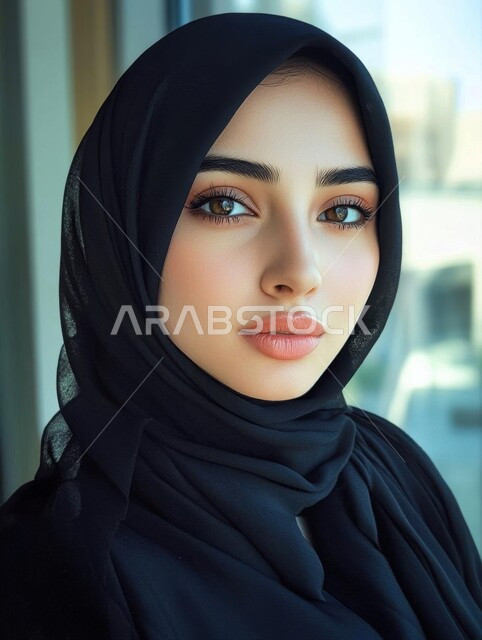 مفهوم النعومة والأنوثة, الاهتمام بالأناقة والمظهر الخارجي، تصاميم راقية لأزياء المحجبات العصرية، صورة مقربة لفتاة عربيه خليجية سعودية مبتسمة ترتدي الحجاب تنظر إلى الكاميرا بإيماءات الجدية والثقة