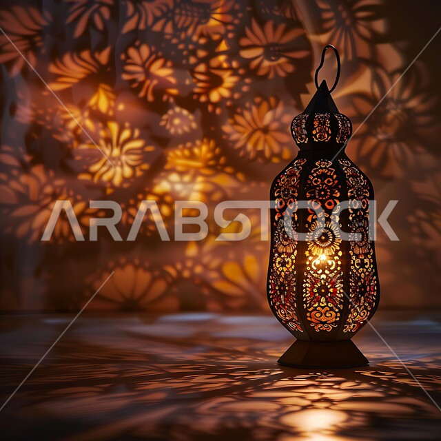 تحف وديكورات تقليدية للاحتفال بقدوم الشهر الفضيل، التقاليد والعادات العربية في زينة الأعياد والمناسبات الدينية، الأجواء الرمضانية والروحانية الإسلامية، فانوس معدني مزخرف مضيء