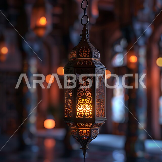 تحف وديكورات تقليدية للاحتفال بقدوم الشهر الفضيل، التقاليد والعادات العربية في زينة الأعياد والمناسبات الدينية، الأجواء الرمضانية والروحانية الإسلامية، فانوس معدني معلق مزخرف مضيء