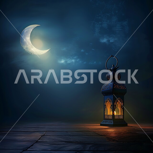الأجواء الرمضانية والروحانية الإسلامية، تحف وديكورات تقليدية للاحتفال بقدوم الشهر الفضيل، التقاليد والعادات العربية في زينة الأعياد والمناسبات الدينية، فانوس معدني مزخرف مضيء، هلال رمضان المبارك