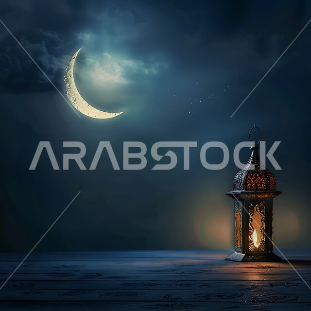 الأجواء الرمضانية والروحانية الإسلامية، تحف وديكورات تقليدية للاحتفال بقدوم الشهر الفضيل، التقاليد والعادات العربية في زينة الأعياد والمناسبات الدينية، فانوس معدني مزخرف مضيء، هلال رمضان المبارك