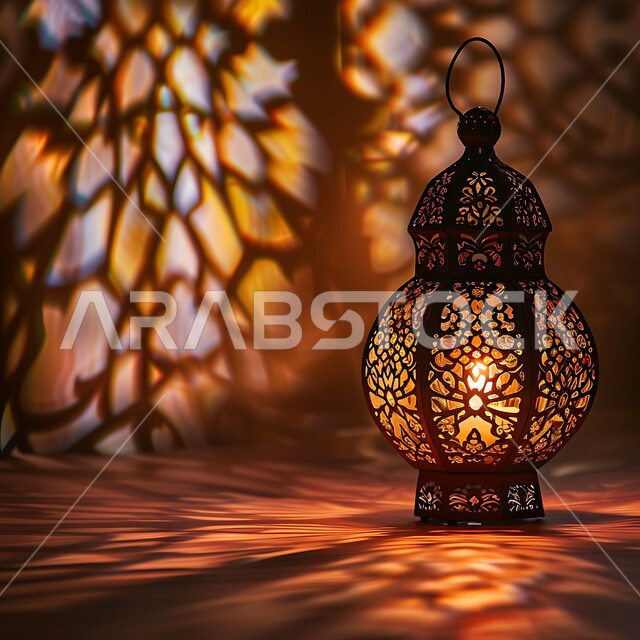 تحف وديكورات تقليدية للاحتفال بقدوم الشهر الفضيل، التقاليد والعادات العربية في زينة الأعياد والمناسبات الدينية، الأجواء الرمضانية والروحانية الإسلامية، فانوس معدني مزخرف مضيء