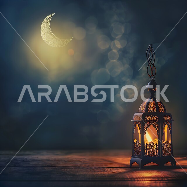 الأجواء الرمضانية والروحانية الإسلامية، تحف وديكورات تقليدية للاحتفال بقدوم الشهر الفضيل، التقاليد والعادات العربية في زينة الأعياد والمناسبات الدينية، فانوس معدني مزخرف مضيء، هلال رمضان المبارك