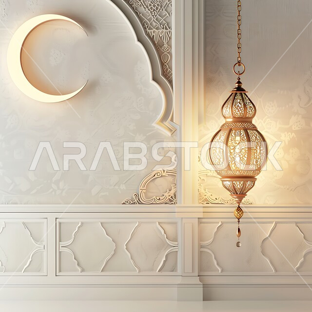 تحف وديكورات تقليدية للاحتفال بقدوم الشهر الفضيل، التقاليد والعادات العربية في زينة الأعياد والمناسبات الدينية، الأجواء الرمضانية والروحانية الإسلامية، فانوس معدني معلق مزخرف مضيء، هلال رمضان المبارك