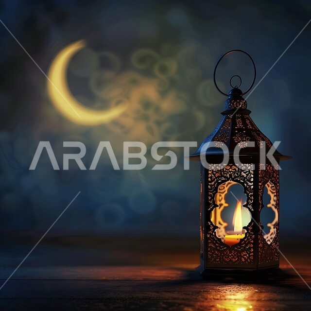 Ramadan atmosphere and Islamic spirituality, traditional antiques and decorations to celebrate the arrival of the holy month, Arab traditions and customs in decorating holidays and religious occasions, illuminated decorative metal lantern, the crescent moon of the blessed month of Ramadan