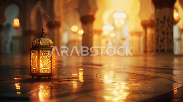 تحف وديكورات تقليدية للاحتفال بقدوم الشهر الفضيل، التقاليد والعادات العربية في زينة الأعياد والمناسبات الدينية، الأجواء الرمضانية والروحانية الإسلامية، فانوس معدني مزخرف مضيء
