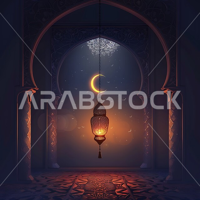 تحف وديكورات تقليدية للاحتفال بقدوم الشهر الفضيل، التقاليد والعادات العربية في زينة الأعياد والمناسبات الدينية، الأجواء الرمضانية والروحانية الإسلامية، فانوس معدني معلق مزخرف مضيء، هلال رمضان المبارك