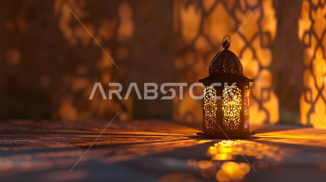 تحف وديكورات تقليدية للاحتفال بقدوم الشهر الفضيل، التقاليد والعادات العربية في زينة الأعياد والمناسبات الدينية، الأجواء الرمضانية والروحانية الإسلامية، فانوس معدني مزخرف مضيء