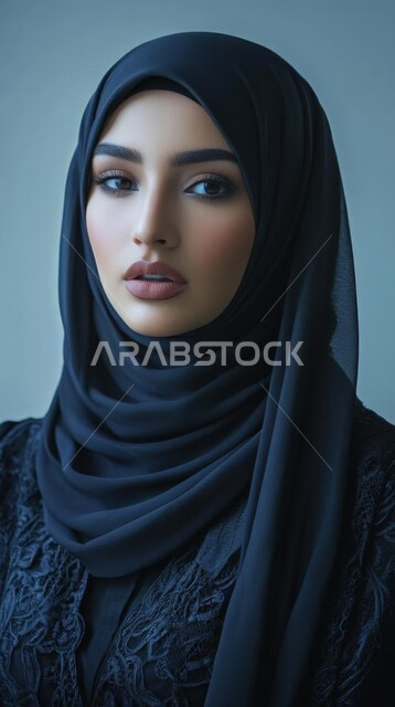 تصاميم راقية لأزياء المحجبات العصرية، مفهوم النعومة والأنوثة, الاهتمام بالأناقة والمظهر الخارجي، بورتريه مقرب لفتاة عربيه خليجية سعودية ترتدي الحجاب تنظر إلى الكاميرا بإيماءات الجدية والثقة, خلفية زرقاء