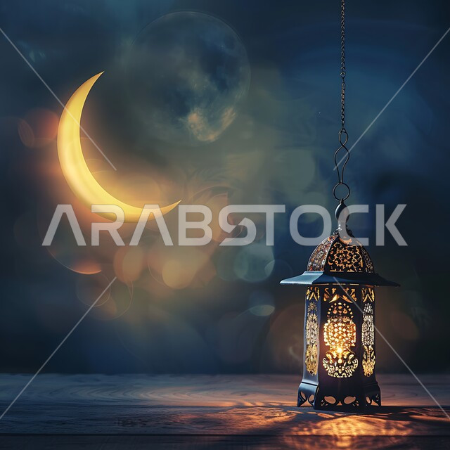 التقاليد والعادات العربية في زينة الأعياد والمناسبات الدينية، تحف وديكورات تقليدية للاحتفال بقدوم الشهر الفضيل، الأجواء الرمضانية والروحانية الإسلامية، فانوس معدني معلق مزخرف مضيء، هلال رمضان المبارك