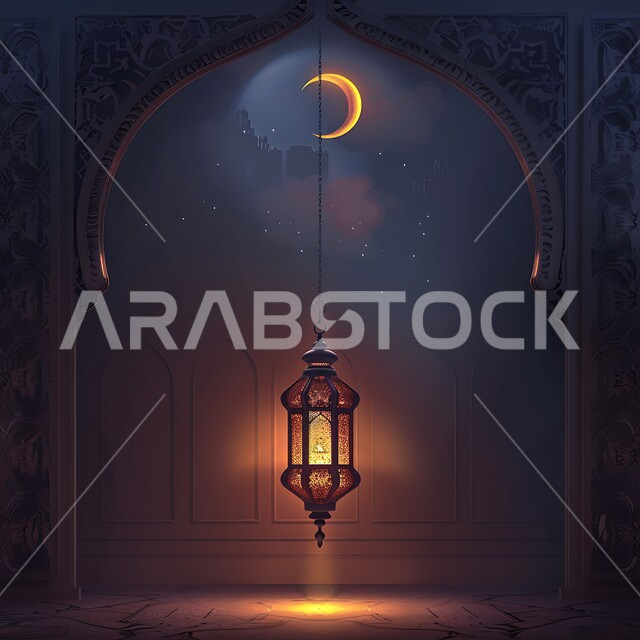 التقاليد والعادات العربية في زينة الأعياد والمناسبات الدينية، تحف وديكورات تقليدية للاحتفال بقدوم الشهر الفضيل، الأجواء الرمضانية والروحانية الإسلامية، فانوس معدني معلق مزخرف مضيء، هلال رمضان المبارك