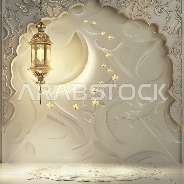 التقاليد والعادات العربية في زينة الأعياد والمناسبات الدينية، تحف وديكورات تقليدية للاحتفال بقدوم الشهر الفضيل، الأجواء الرمضانية والروحانية الإسلامية، فانوس معدني معلق مزخرف مضيء، هلال رمضان المبارك