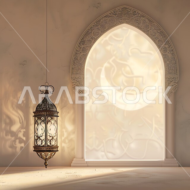 التقاليد والعادات العربية في زينة الأعياد والمناسبات الدينية، تحف وديكورات تقليدية للاحتفال بقدوم الشهر الفضيل، الأجواء الرمضانية والروحانية الإسلامية، فانوس معدني معلق مزخرف مضيء، هلال رمضان المبارك