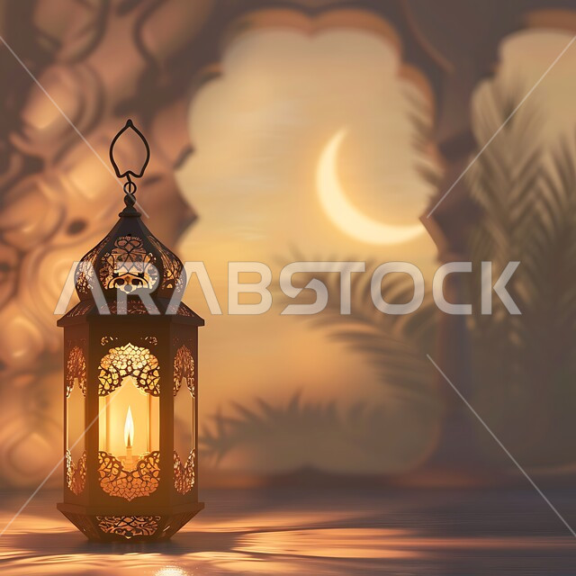 تحف وديكورات تقليدية للاحتفال بقدوم الشهر الفضيل، الأجواء الرمضانية والروحانية الإسلامية، التقاليد والعادات العربية في زينة الأعياد والمناسبات الدينية، فانوس معدني مزخرف مضيء، هلال رمضان المبارك