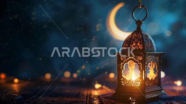 تحف وديكورات تقليدية للاحتفال بقدوم الشهر الفضيل، الأجواء الرمضانية والروحانية الإسلامية، التقاليد والعادات العربية في زينة الأعياد والمناسبات الدينية، فانوس معدني مزخرف مضيء، هلال رمضان المبارك