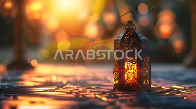 التقاليد والعادات العربية في زينة الأعياد والمناسبات الدينية، تحف وديكورات تقليدية للاحتفال بقدوم الشهر الفضيل، الأجواء الرمضانية والروحانية الإسلامية، فانوس معدني مزخرف مضيء