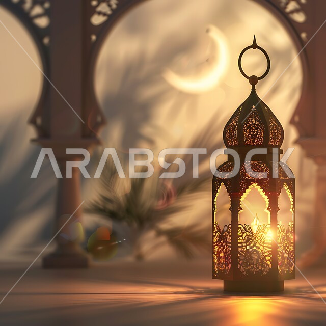 تحف وديكورات تقليدية للاحتفال بقدوم الشهر الفضيل، الأجواء الرمضانية والروحانية الإسلامية، التقاليد والعادات العربية في زينة الأعياد والمناسبات الدينية، فانوس معدني مزخرف مضيء، هلال رمضان المبارك