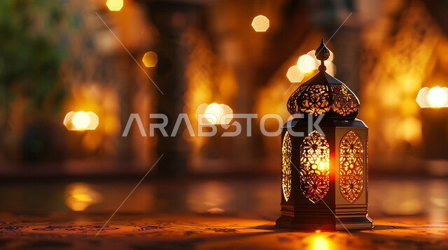 تحف وديكورات تقليدية للاحتفال بقدوم الشهر الفضيل، الأجواء الرمضانية والروحانية الإسلامية، فانوس معدني مزخرف مضيء، التقاليد والعادات العربية في زينة الأعياد والمناسبات الدينية