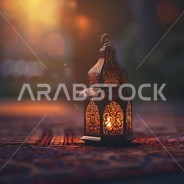 تحف وديكورات تقليدية للاحتفال بقدوم الشهر الفضيل، الأجواء الرمضانية والروحانية الإسلامية، فانوس معدني مزخرف مضيء، التقاليد والعادات العربية في زينة الأعياد والمناسبات الدينية