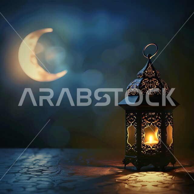 تحف وديكورات تقليدية للاحتفال بقدوم الشهر الفضيل، الأجواء الرمضانية والروحانية الإسلامية، فانوس معدني مزخرف مضيء، التقاليد والعادات العربية في زينة الأعياد والمناسبات الدينية، هلال شهر رمضان