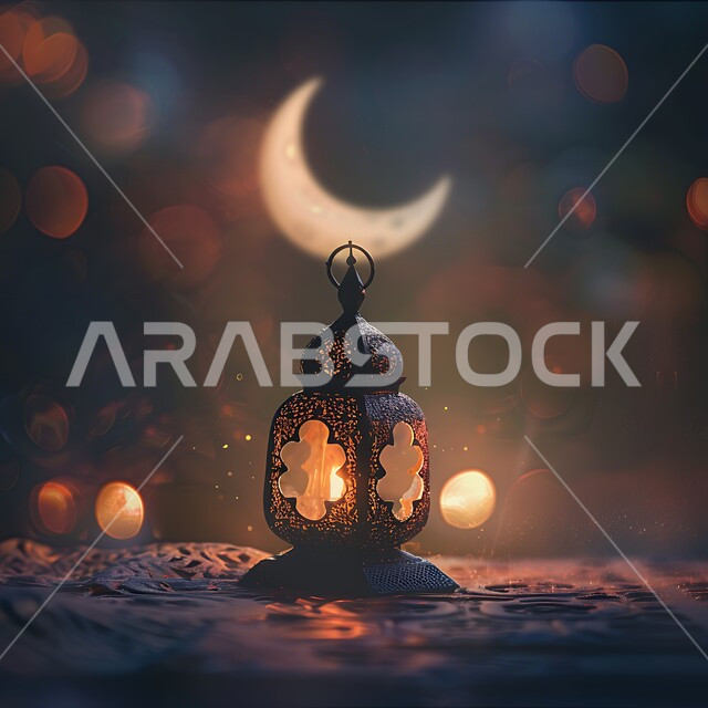التقاليد والعادات العربية في زينة الأعياد والمناسبات الدينية، تحف وديكورات تقليدية للاحتفال بقدوم الشهر الفضيل، الأجواء الرمضانية والروحانية الإسلامية، فانوس معدني مزخرف مضيء على طاولة خشبية، هلال رمضان المبارك