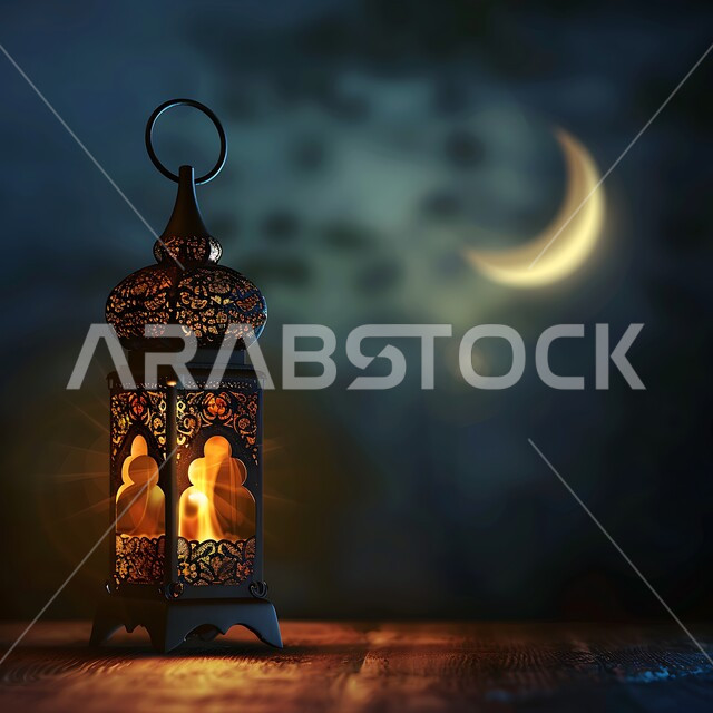 التقاليد والعادات العربية في زينة الأعياد والمناسبات الدينية، تحف وديكورات تقليدية للاحتفال بقدوم الشهر الفضيل، الأجواء الرمضانية والروحانية الإسلامية، فانوس معدني مزخرف مضيء على طاولة خشبية، هلال رمضان المبارك