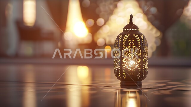 التقاليد والعادات العربية في زينة الأعياد والمناسبات الدينية، تحف وديكورات تقليدية للاحتفال بقدوم الشهر الفضيل، الأجواء الرمضانية والروحانية الإسلامية، فانوس معدني مزخرف مضيء