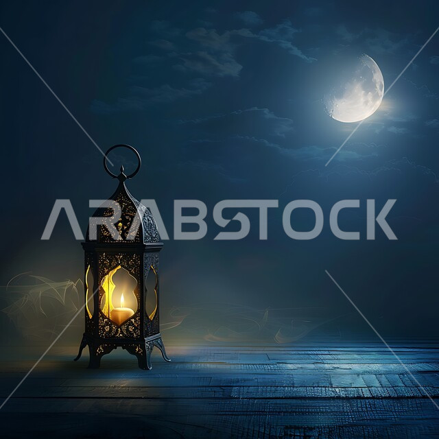 التقاليد والعادات العربية في زينة الأعياد والمناسبات الدينية، تحف وديكورات تقليدية للاحتفال بقدوم الشهر الفضيل، الأجواء الرمضانية والروحانية الإسلامية، فانوس معدني مزخرف مضيء على طاولة خشبية، هلال رمضان المبارك