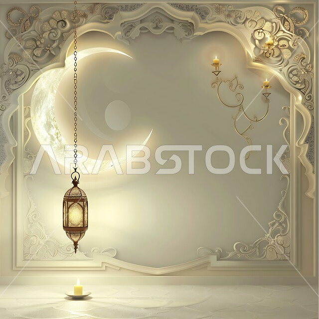الأجواء الرمضانية والروحانية الإسلامية، فانوس معدني معلق مزخرف مضيء، تحف وديكورات تقليدية للاحتفال بقدوم الشهر الفضيل، التقاليد والعادات العربية في زينة الأعياد والمناسبات الدينية، هلال شهر رمضان