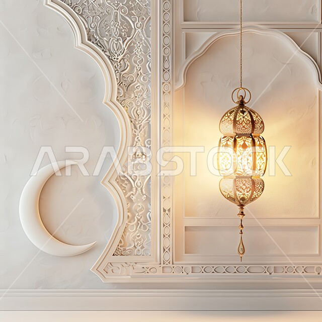 الأجواء الرمضانية والروحانية الإسلامية، فانوس معدني معلق مزخرف مضيء، تحف وديكورات تقليدية للاحتفال بقدوم الشهر الفضيل، التقاليد والعادات العربية في زينة الأعياد والمناسبات الدينية، هلال شهر رمضان