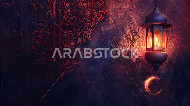 الأجواء الرمضانية والروحانية الإسلامية، فانوس معدني معلق مزخرف مضيء، تحف وديكورات تقليدية للاحتفال بقدوم الشهر الفضيل، التقاليد والعادات العربية في زينة الأعياد والمناسبات الدينية، هلال شهر رمضان