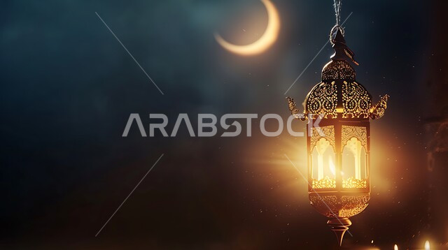 الأجواء الرمضانية والروحانية الإسلامية، فانوس معدني معلق مزخرف مضيء، تحف وديكورات تقليدية للاحتفال بقدوم الشهر الفضيل، التقاليد والعادات العربية في زينة الأعياد والمناسبات الدينية، هلال شهر رمضان