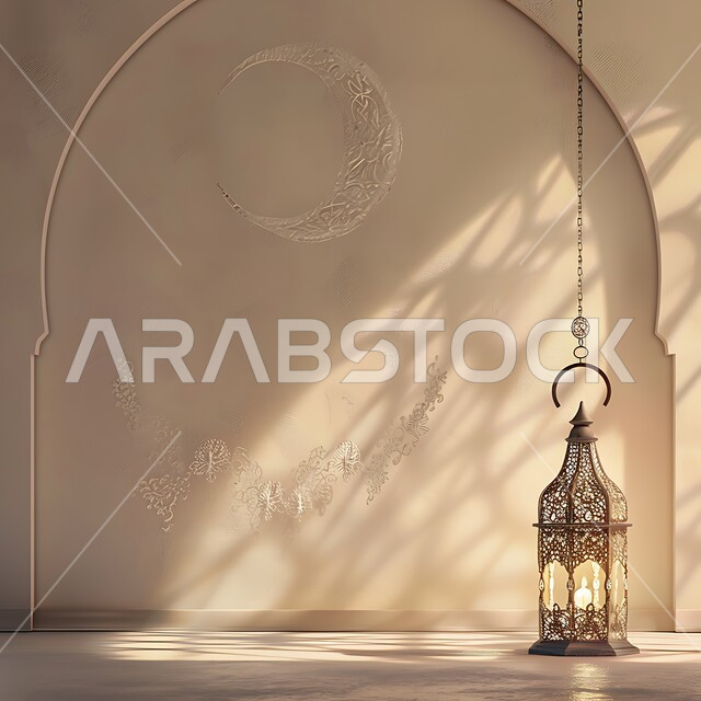 الأجواء الرمضانية والروحانية الإسلامية، فانوس معدني معلق مزخرف مضيء، تحف وديكورات تقليدية للاحتفال بقدوم الشهر الفضيل، التقاليد والعادات العربية في زينة الأعياد والمناسبات الدينية، هلال شهر رمضان