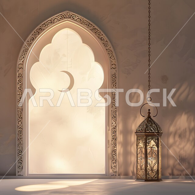 التقاليد والعادات العربية في زينة الأعياد والمناسبات الدينية، تحف وديكورات تقليدية للاحتفال بقدوم الشهر الفضيل، الأجواء الرمضانية والروحانية الإسلامية، فانوس معدني معلق مزخرف مضيء، هلال رمضان المبارك