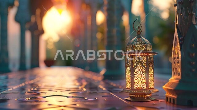 التقاليد والعادات العربية في زينة الأعياد والمناسبات الدينية، الأجواء الرمضانية والروحانية الإسلامية، فانوس معدني مزخرف مضيء، تحف وديكورات تقليدية للاحتفال بقدوم الشهر الفضيل