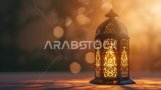 التقاليد والعادات العربية في زينة الأعياد والمناسبات الدينية، الأجواء الرمضانية والروحانية الإسلامية، فانوس معدني مزخرف مضيء، تحف وديكورات تقليدية للاحتفال بقدوم الشهر الفضيل