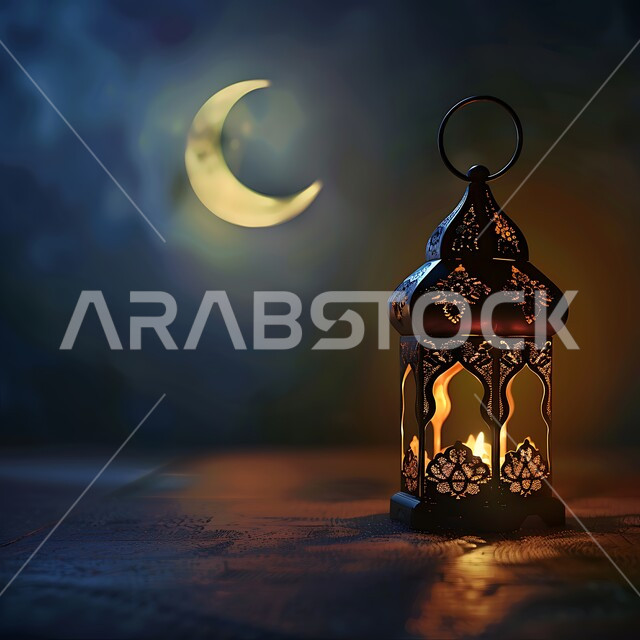 تحف وديكورات تقليدية للاحتفال بقدوم الشهر الفضيل، الأجواء الرمضانية والروحانية الإسلامية، فانوس معدني مزخرف مضيء، التقاليد والعادات العربية في زينة الأعياد والمناسبات الدينية، هلال شهر رمضان