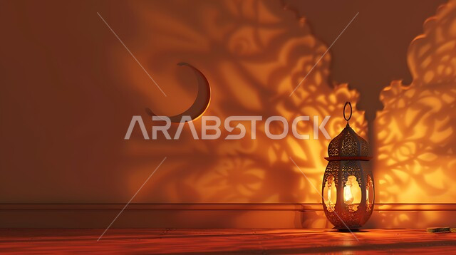 تحف وديكورات تقليدية للاحتفال بقدوم الشهر الفضيل، الأجواء الرمضانية والروحانية الإسلامية، فانوس معدني مزخرف مضيء، التقاليد والعادات العربية في زينة الأعياد والمناسبات الدينية، هلال شهر رمضان