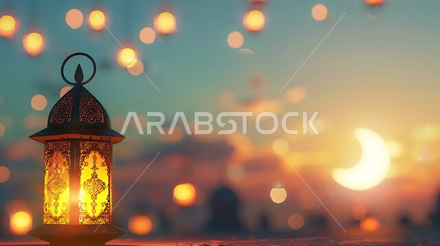 تحف وديكورات تقليدية للاحتفال بقدوم الشهر الفضيل، الأجواء الرمضانية والروحانية الإسلامية، فانوس معدني مزخرف مضيء، التقاليد والعادات العربية في زينة الأعياد والمناسبات الدينية، هلال شهر رمضان