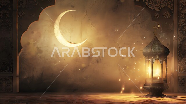 تحف وديكورات تقليدية للاحتفال بقدوم الشهر الفضيل، الأجواء الرمضانية والروحانية الإسلامية، فانوس معدني مزخرف مضيء، التقاليد والعادات العربية في زينة الأعياد والمناسبات الدينية، هلال شهر رمضان