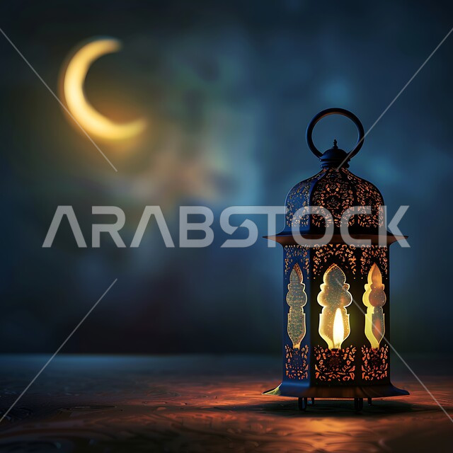 تحف وديكورات تقليدية للاحتفال بقدوم الشهر الفضيل، الأجواء الرمضانية والروحانية الإسلامية، فانوس معدني مزخرف مضيء، التقاليد والعادات العربية في زينة الأعياد والمناسبات الدينية، هلال شهر رمضان