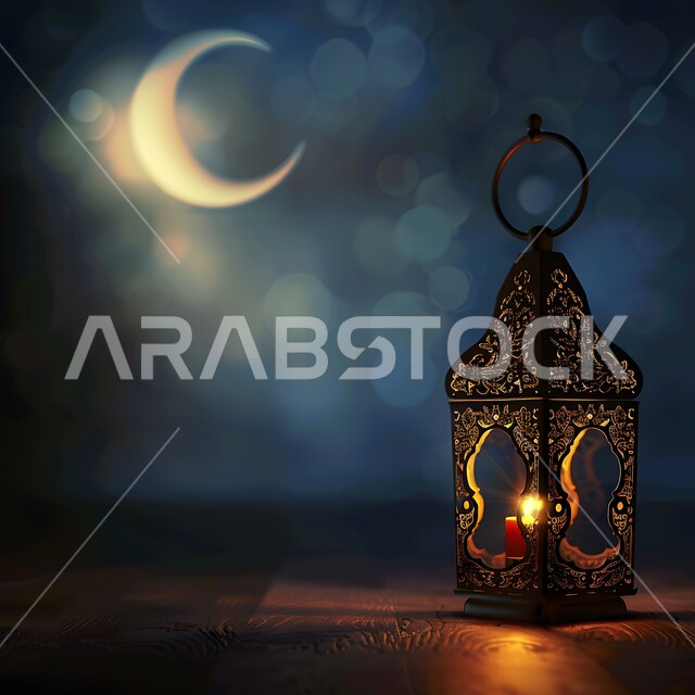 تحف وديكورات تقليدية للاحتفال بقدوم الشهر الفضيل، الأجواء الرمضانية والروحانية الإسلامية، فانوس معدني مزخرف مضيء، التقاليد والعادات العربية في زينة الأعياد والمناسبات الدينية، هلال شهر رمضان