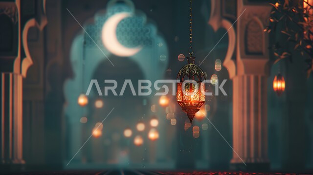 التقاليد والعادات العربية في زينة الأعياد والمناسبات الدينية، الأجواء الرمضانية والروحانية الإسلامية، هلال شهر رمضان،  فانوس معدني معلق مزخرف مضيء، تحف وديكورات تقليدية للاحتفال بقدوم الشهر الفضيل