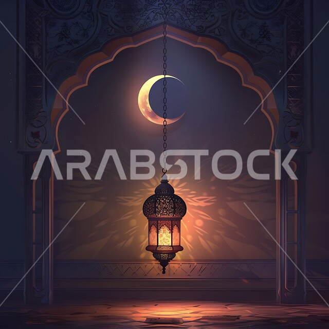 التقاليد والعادات العربية في زينة الأعياد والمناسبات الدينية، الأجواء الرمضانية والروحانية الإسلامية، هلال شهر رمضان،  فانوس معدني معلق مزخرف مضيء، تحف وديكورات تقليدية للاحتفال بقدوم الشهر الفضيل