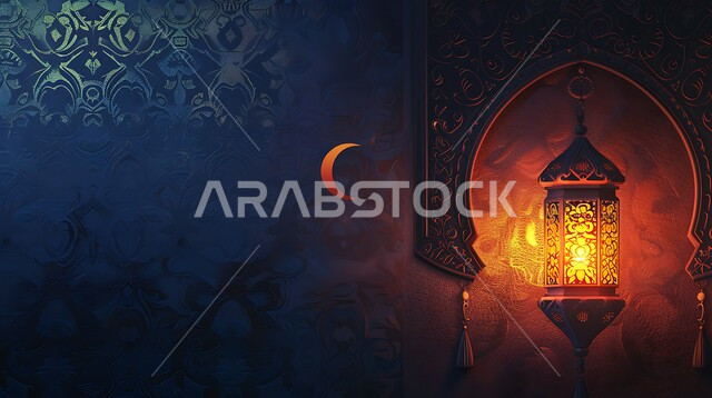 التقاليد والعادات العربية في زينة الأعياد والمناسبات الدينية، الأجواء الرمضانية والروحانية الإسلامية، هلال شهر رمضان،  فانوس معدني معلق مزخرف مضيء، تحف وديكورات تقليدية للاحتفال بقدوم الشهر الفضيل