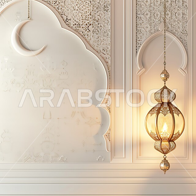 التقاليد والعادات العربية في زينة الأعياد والمناسبات الدينية، الأجواء الرمضانية والروحانية الإسلامية، هلال شهر رمضان،  فانوس معدني معلق مزخرف مضيء، تحف وديكورات تقليدية للاحتفال بقدوم الشهر الفضيل