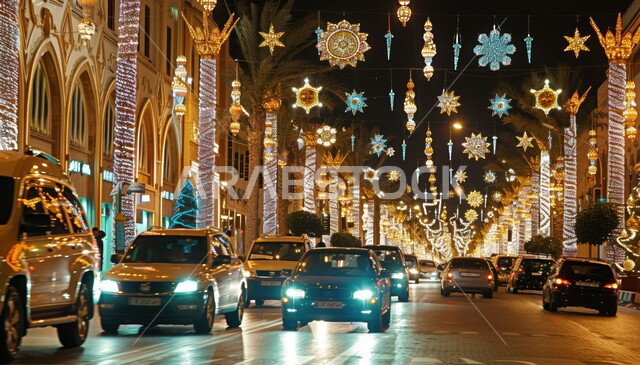 حركة السيارات في الشوارع والطرقات المزينة بالأضواء ليلا، الفوانيس والزينة المعلقة المضيئة، الاحتفال بالمناسبات والأعياد الدينية الإسلامية في المملكة العربية السعودية، اكسسوارات وأنوار رمضانية، أجواء روحانية بقدوم رمضان الكريم