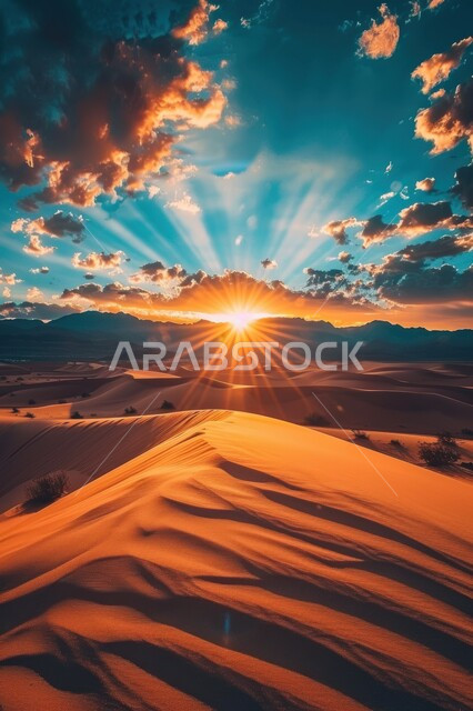 الكثبان الرملية في صحاري المملكة العربية السعودية، مشهد السماء المليئة بالغيوم اثناء غروب الشمس، الرمال الذهبية الناعمة في وسط الصحراء، الهضاب والتلال في المناطق الصحراوية في شبه الجزيرة العربية، خلفية الطبيعة